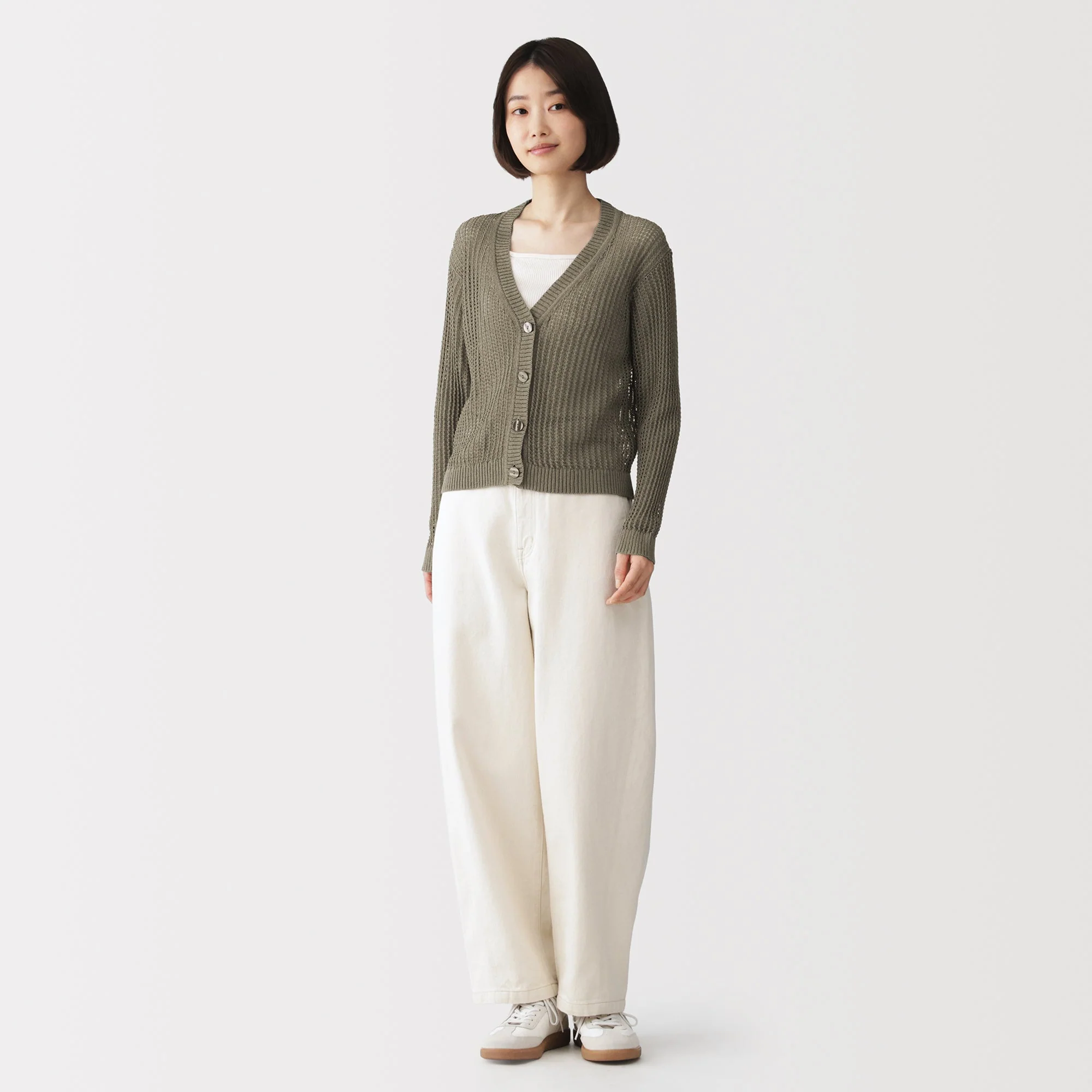 Linen Blend Mesh V-Neck Cardigan - Image 4