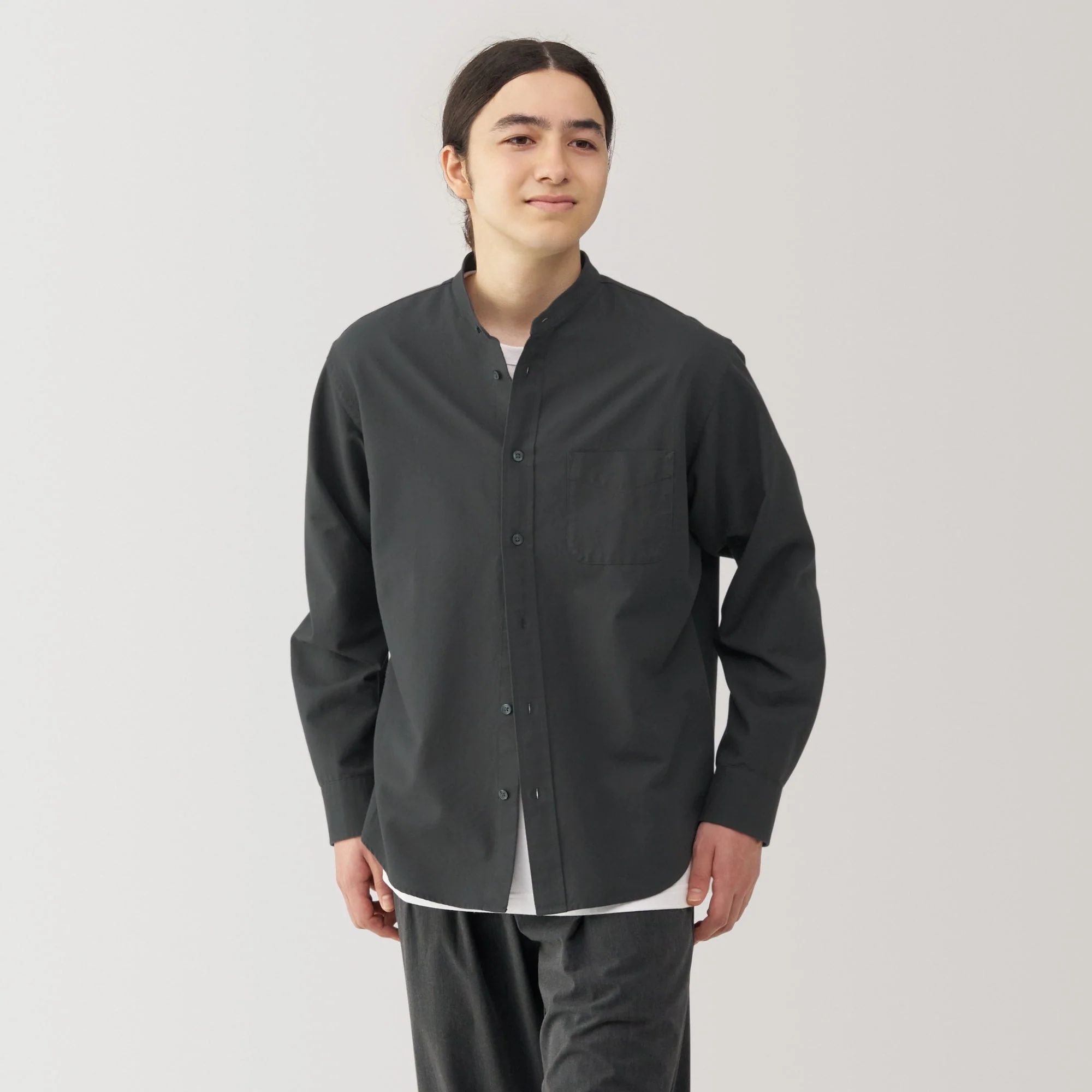 Men's Washed Oxford Stand Collar Long Sleeve Shirt - Image 11