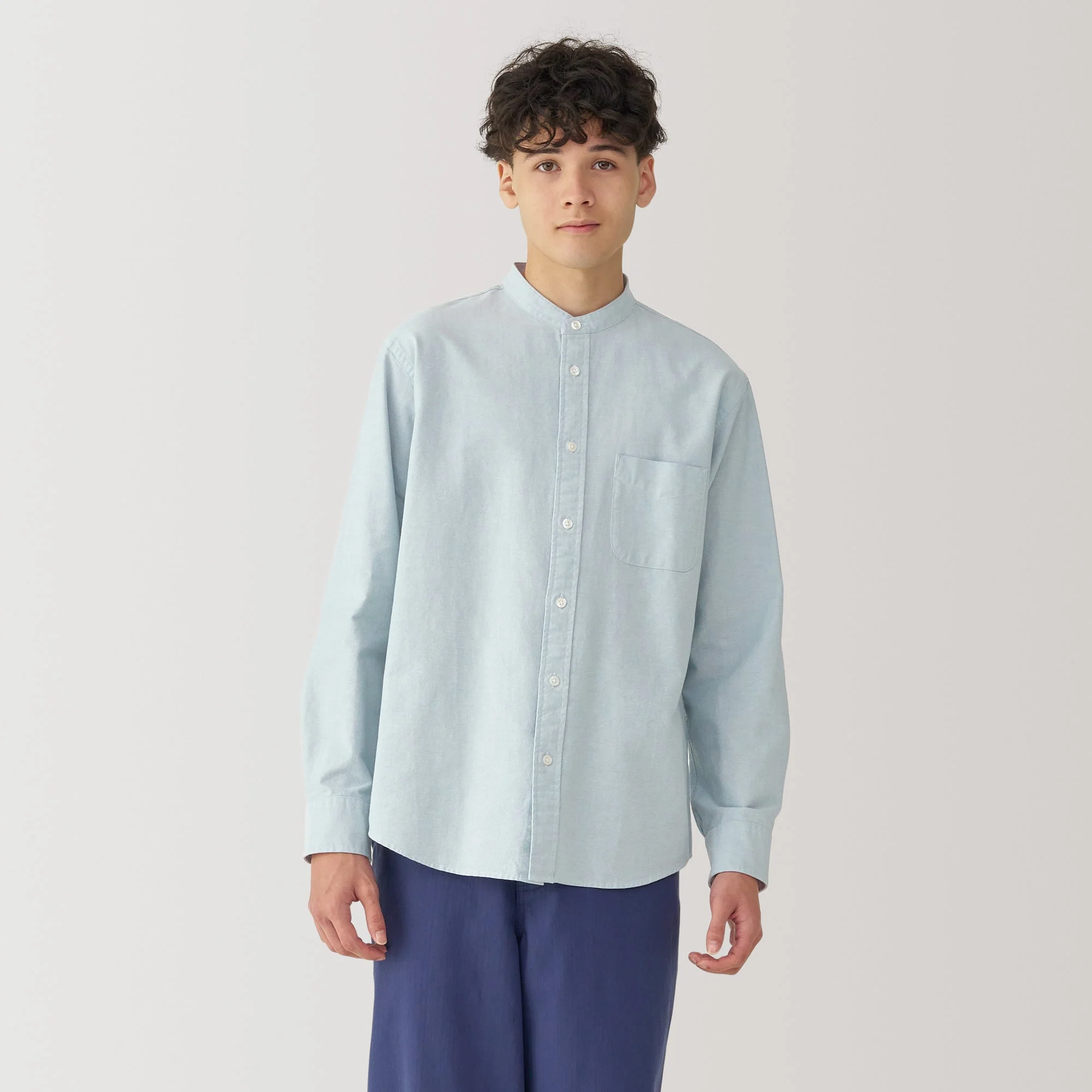 Men's Washed Oxford Stand Collar Long Sleeve Shirt - Image 3