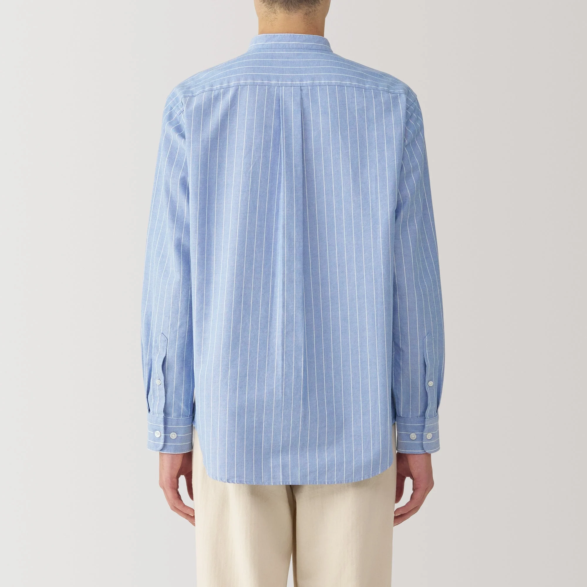 Men's Washed Oxford Stand Collar Long Sleeve Striped Shirt - Image 6